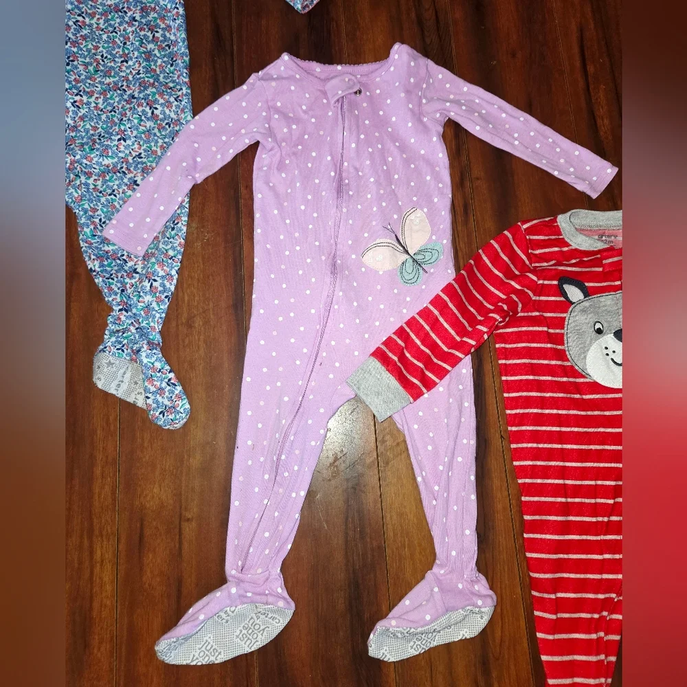 (3) Carter's Red Dog, Blue Floral & Purple Butterfly Footed One-Piece Sleepers